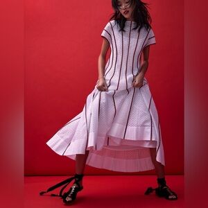 Tory Burch Honeycomb Eyelet Dress Midi Striped 2 $1498 Runway